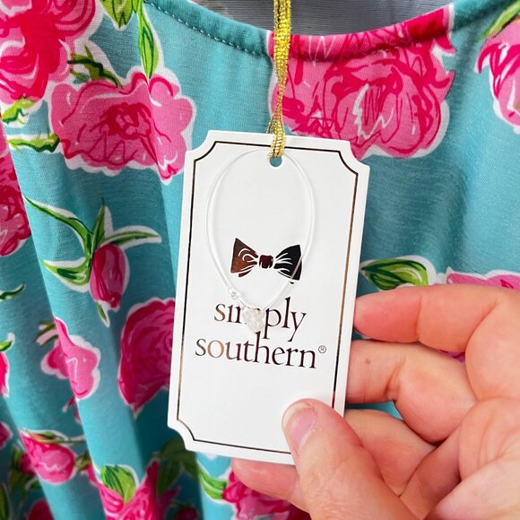 Simply Southern‎ Womens Floral Print Dress Medium Aqua & Pink Rose Pattern - Picture 2 of 8